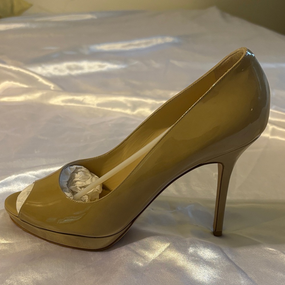 Elegant Beige Peep-Toe Stiletto Heels by Jimmy Choo.  Luna patent leather nude.